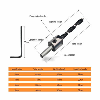 Mata Bor Countersink Titik Brad HSS Set 5 Buah DIN/ANSI